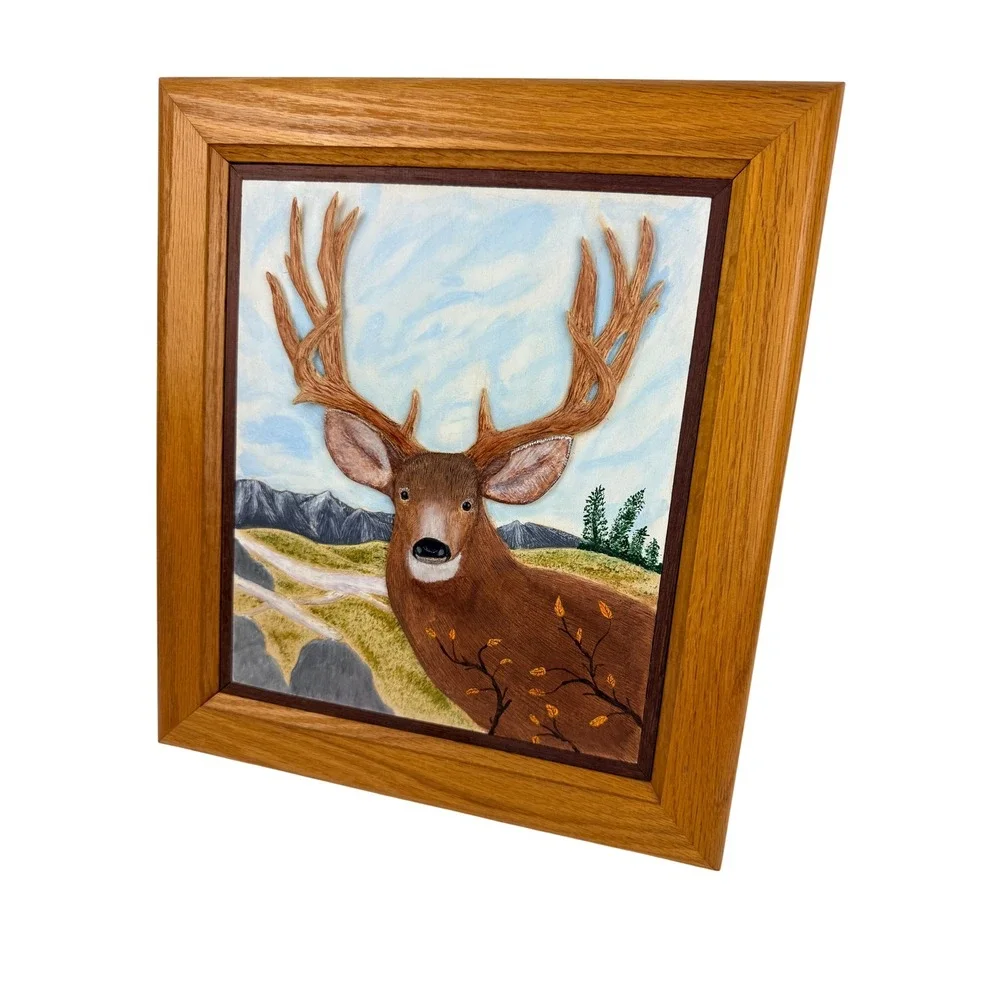 Ponte-Corvo 1998 Handcrafted 3D Deer Buck Relief Sculpture Framed Oak Art